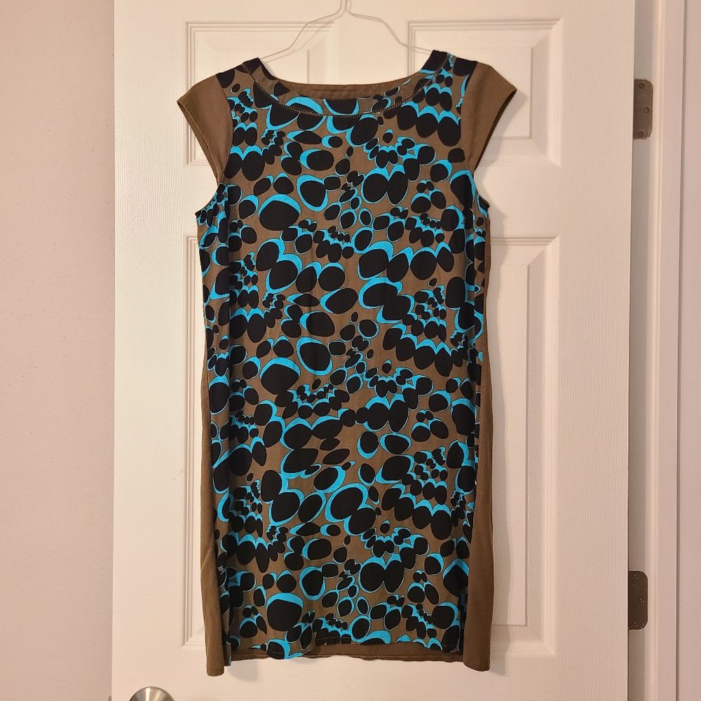 Boden Olive, Black, & Turquoise Abstract Pattern Dress ~ Size 10R US (14R UK)